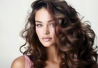 Young woman with voluminous curly brown hair and natural makeup showcasing healthy hair care and beauty styling for salon and cosmetic advertising.