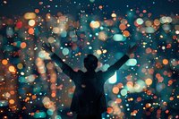 Silhouette of person with raised arms against magical bokeh lights background in dark blue and orange tones, celebrating success and achievement.