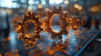 Digital transformation concept with glowing circuit board gears representing automation, technology integration and industrial innovation processes.