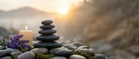 Zen stone stack with lavender and candle at sunset creating peaceful meditation atmosphere in mountain landscape for wellness and relaxation concepts.