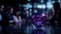 Glowing purple digital sphere with network connections floating above surface in modern office environment with blurred business people in background.
