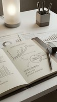 Modern business planning workspace with open notebook showing growth strategy diagrams, charts and success indicators on clean white desk with lamp and pen holder.