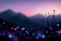 Dreamy twilight landscape with purple wildflowers and glowing fireflies against mountain silhouettes at dusk for nature backgrounds and romantic designs.