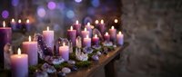 Advent calendar with burning candles, pine cones and festive decorations creating warm Christmas atmosphere with bokeh lights background for holiday celebrations.