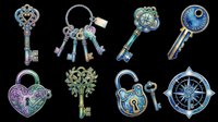 Vintage ornamental keys and locks collection isolated on transparent background, ready for t-shirt design, clipart, stickers, print-on-demand products and sublimation projects.
