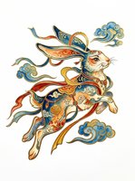 Ornate celestial rabbit in traditional Asian style with flowing robes and clouds, isolated on transparent background, for t-shirts, stickers, and print on demand.