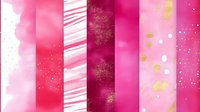 Pink watercolor digital paper pack with gold foil accents and geometric patterns for scrapbooking, wedding invitations, and feminine design projects.
