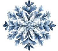 Elegant blue watercolor snowflake with delicate leaf-like patterns radiating from center on white background, perfect for winter designs.