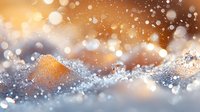 Magical winter background with sparkling snow crystals and golden bokeh lights creating dreamy atmosphere. Soft focus macro photography for seasonal designs.