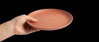 Caucasian hand holding empty terracotta plate isolated on transparent background, ready for design use in t-shirts, clipart, stickers, and print-on-demand products.