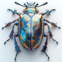 Futuristic metallic beetle with iridescent turquoise and copper shell featuring spiky legs and antennae, perfect for modern design projects, fantasy art, and digital illustrations.