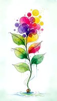 Watercolor abstract flower with vibrant rainbow petals and green leaves on white background for creative design projects and artistic decorations.