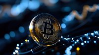 Golden bitcoin cryptocurrency coin with glowing digital network connections and bokeh lights background for financial technology concepts.