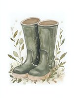 Watercolor green rubber boots surrounded by delicate botanical elements and leaves in soft earth tones, creating a cozy garden atmosphere.