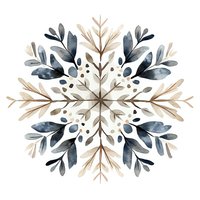 Elegant watercolor snowflake mandala in navy blue and beige tones with delicate botanical leaves and dots pattern on white background, ready for winter designs.