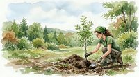 Young woman planting tree sapling in natural landscape with rolling hills and forest background for environmental conservation and reforestation projects.