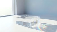 Minimalist clear acrylic display box on white surface with rainbow light refraction creating colorful spectrum shadows in modern bright interior space.