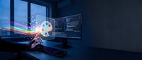 Developer working with artificial intelligence and machine learning code on computer monitors in dark office, colorful digital data streams flowing from palette icon.