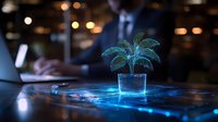 Digital palm tree hologram glowing on office desk with businessman working in background at night, futuristic technology concept with bokeh lights.