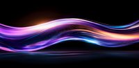 Vibrant flowing waves of purple, blue and orange light create dynamic motion effect against dark background, suitable for modern tech and abstract designs.