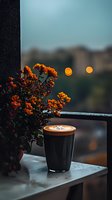 Cup of latte with heart pattern foam art on balcony at sunset, orange flowers in pot, city bokeh lights background, cozy evening atmosphere.