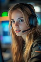 Young blonde Caucasian female gamer wearing headset with microphone in gaming setup with colorful LED lights. Professional esports player streaming online.