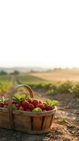 Fresh ripe strawberries in wooden basket at sunrise on farm field with blurred agricultural landscape background for organic harvest concept.