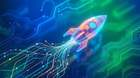 Colorful rocket ship launching through digital circuit board with glowing neon lines and data streams, representing technology startup growth, innovation, and business acceleration.