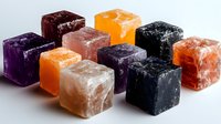 Colorful natural mineral salt cubes in orange, purple, pink and black arranged in rows on white background, isolated crystal blocks for spa and wellness decor.