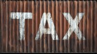 Weathered white TAX text on rusty brown corrugated metal surface showing urban decay and industrial texture. Grungy vintage signage background for financial concepts.