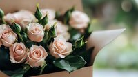 Delicate peach roses with fresh green leaves in soft focus, romantic floral arrangement emerging from gift box. Natural bokeh background creates dreamy atmosphere.