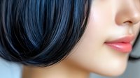 Close up portrait of young Asian woman with black bob haircut showing pink lips and smooth skin, beauty and cosmetics concept for skincare and makeup.