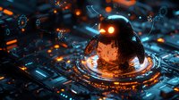Digital security breach concept with glowing orange penguin hologram on circuit board surrounded by lock and key symbols in dark cybersecurity environment.