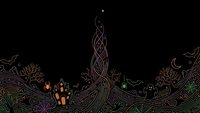 Mystical Halloween landscape with colorful line art featuring haunted houses, twisted trees, swirling smoke and magical elements on dark background.