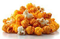 Colorful gourmet popcorn mix with cheese and caramel flavors isolated on white background, perfect for movie night snacks or party treats.