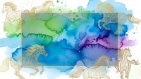 Watercolor unicorn background with golden line art horses on blue green purple gradient splash for fantasy design projects and magical themes.