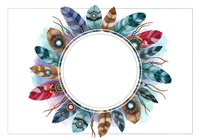 Circular frame made of colorful feathers in watercolor style with ornamental beads, isolated on white background, ready for design projects, invitations, and decorative layouts.