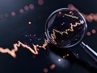 Magnifying glass focusing on financial market chart with glowing orange trading line graph, dark background with bokeh lights for business analysis.