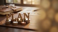 Wooden PLAN letters with coins on desk beside calculator and documents in warm office setting for financial planning and business strategy concepts.
