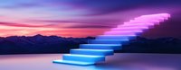 Glowing neon stairs leading to sky against mountain landscape at sunset, futuristic minimal concept with gradient colors from blue to pink.