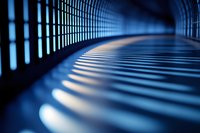 Abstract architectural corridor with dramatic light and shadow pattern created by metal grid structure casting stripes on curved blue surface.