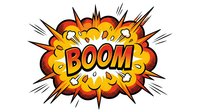 Comic book explosion with BOOM text in red and yellow burst cloud with radiating lines on white background for graphic design and pop art projects.