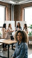 Smiling African American businesswoman in modern loft office with diverse female team collaborating at presentation boards in industrial workspace.