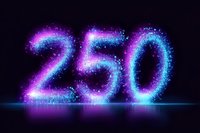 Glowing neon number 250 with sparkling particle effects in purple and blue colors on dark background for anniversary celebrations and milestones.