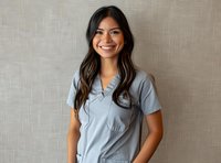 Young Asian female healthcare worker in gray medical scrubs smiling warmly at camera against neutral textured wall background, representing wellness and medical care.
