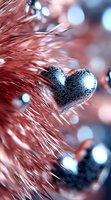 Metallic silver heart decoration against soft coral pink tinsel background with dreamy bokeh lights, creating romantic Valentine's Day mood and festive atmosphere.