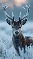 Majestic red deer stag with frost-covered antlers standing in winter landscape with frozen vegetation and soft bokeh background for wildlife photography.