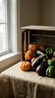Rustic wooden crate filled with fresh autumn vegetables including orange pumpkins, purple eggplants and green bell peppers on burlap fabric near window.