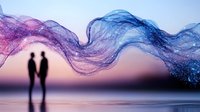 Romantic silhouette of couple holding hands against sunset sky with flowing cosmic wave pattern in purple and blue colors creating magical atmosphere.