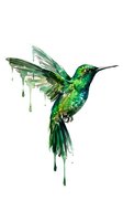 Watercolor hummingbird with dripping paint effect in vibrant green and blue tones isolated on white background for artistic designs and nature projects.